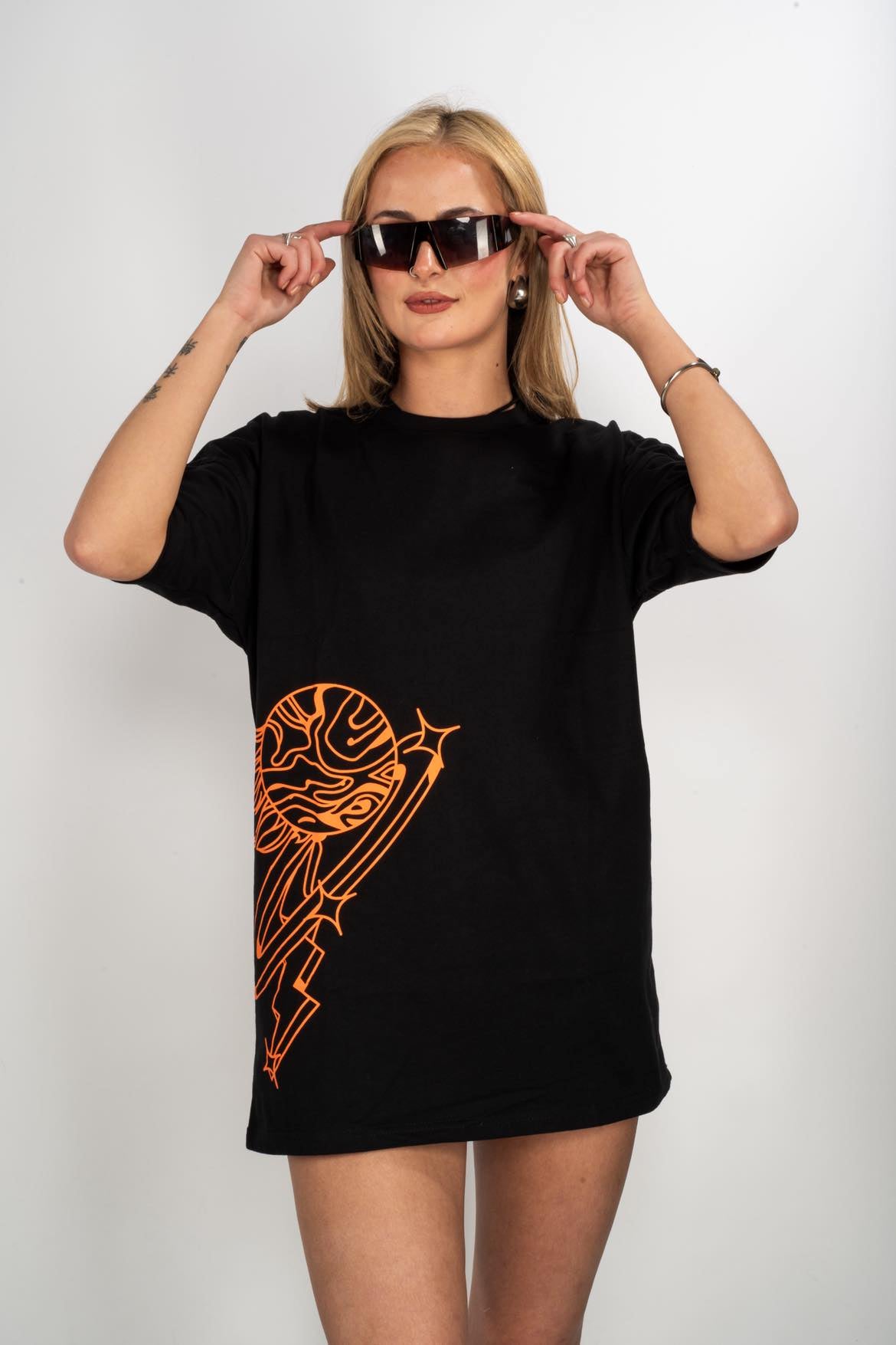 Women's Black T-Shirt - Cosmic Orange Print