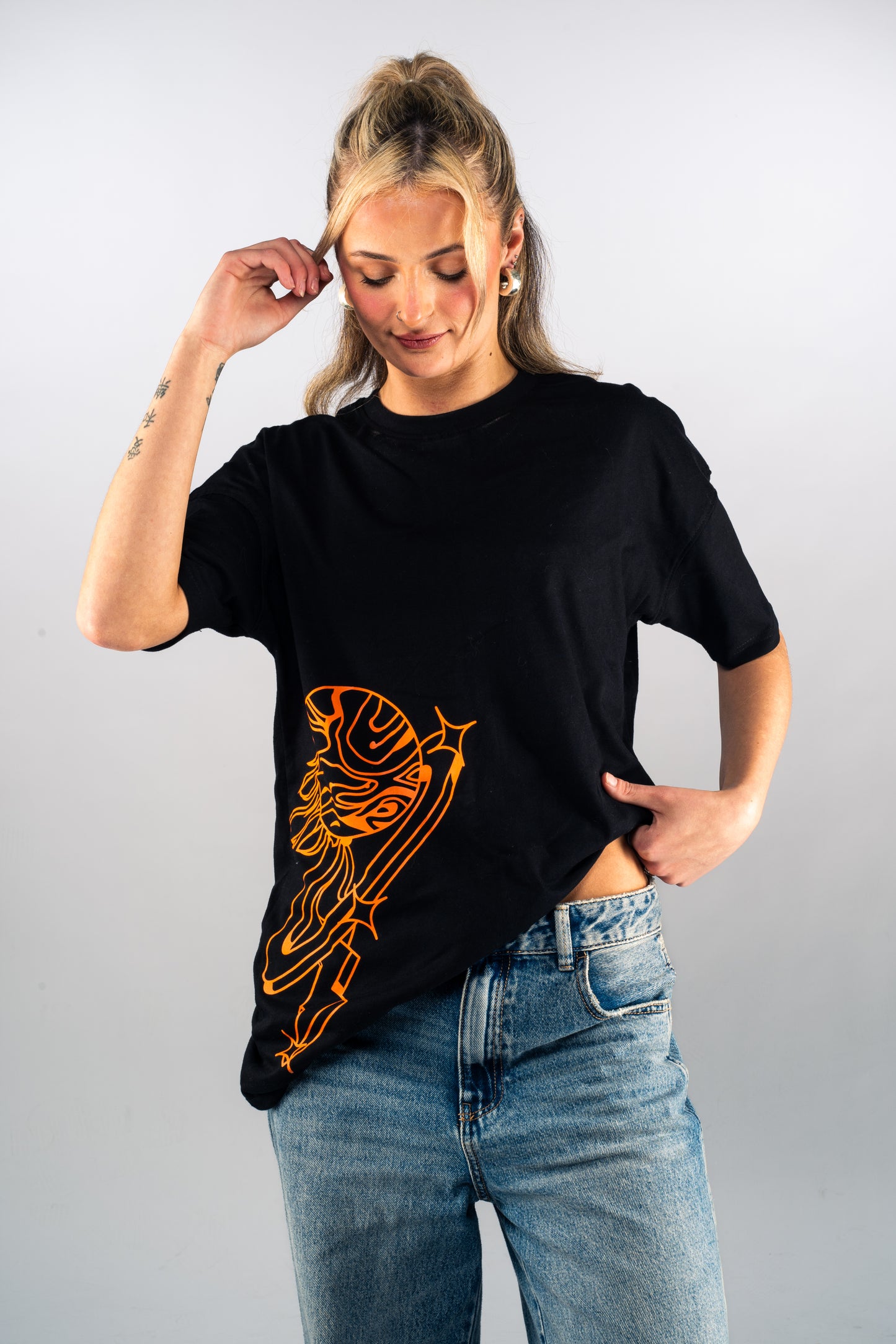 Women's Black T-Shirt - Cosmic Orange Print