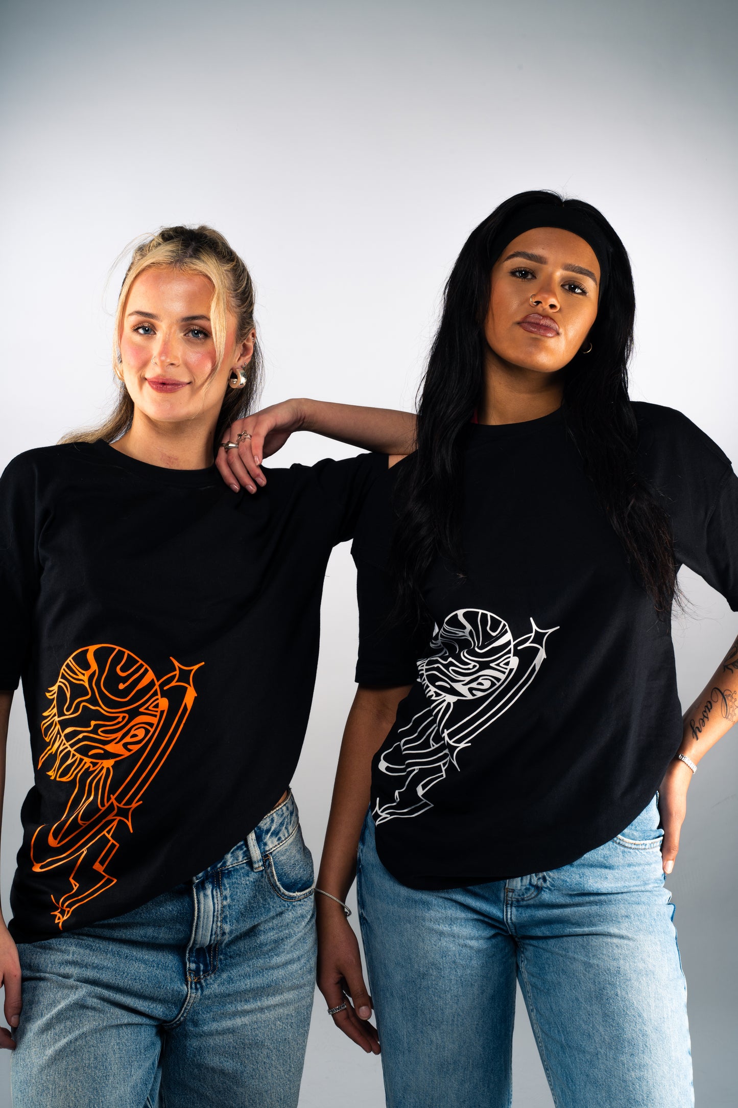 Women's Black T-Shirt - Cosmic Orange Print