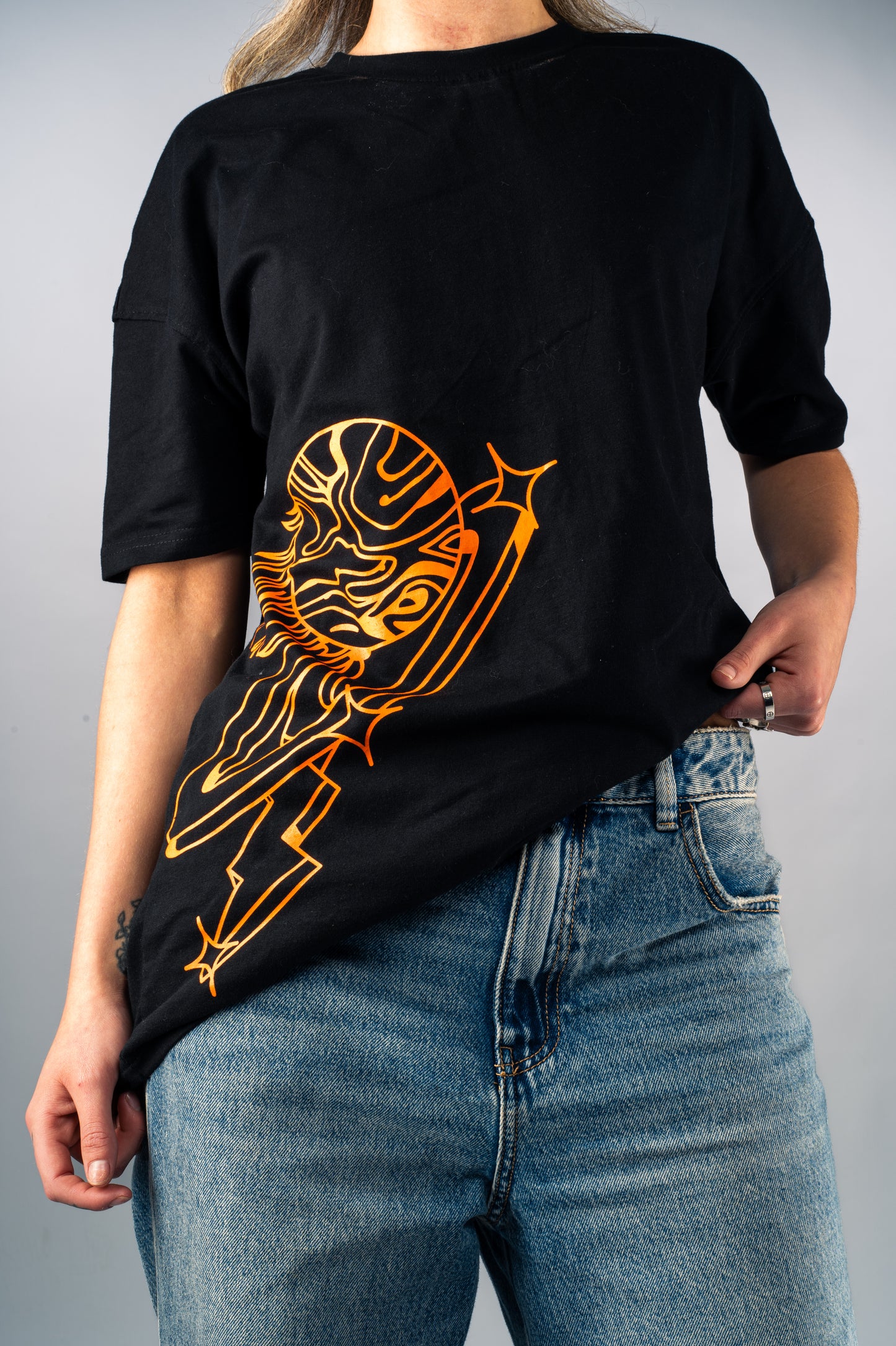 Women's Black T-Shirt - Cosmic Orange Print