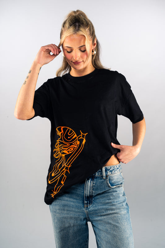 Women's Black T-Shirt - Cosmic Orange Print