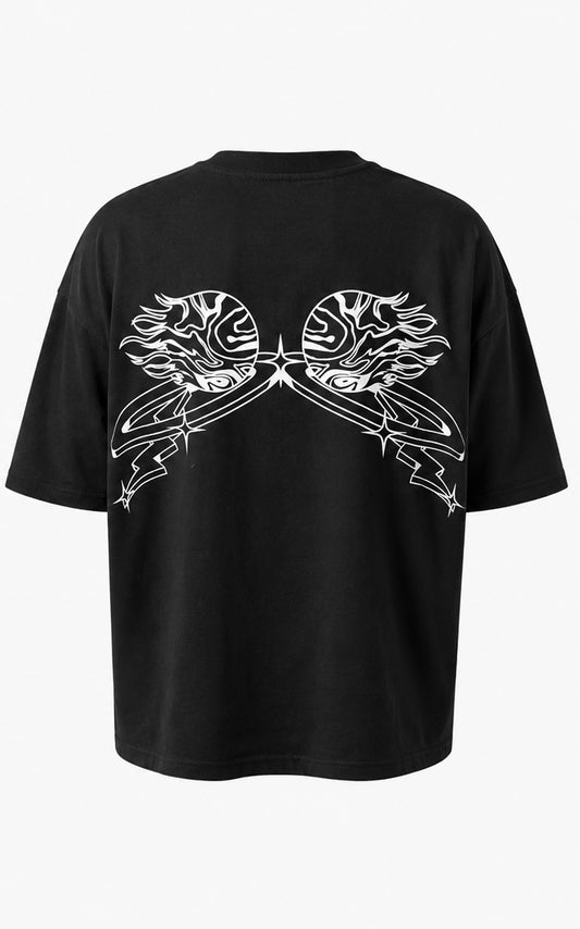 Oversized back print wings WUUSHii logo tartan mens black t shirt