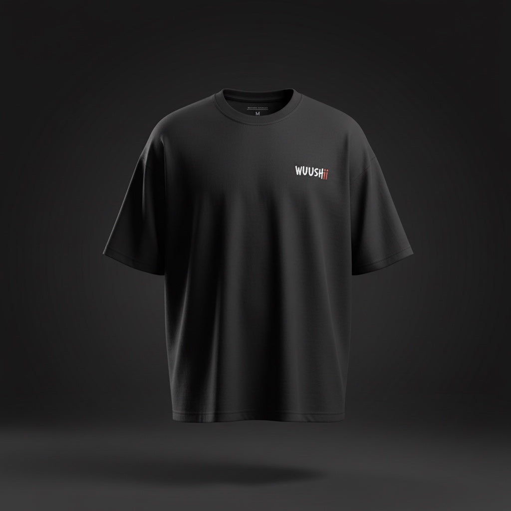 Oversized back print wings WUUSHii logo tartan mens black t shirt