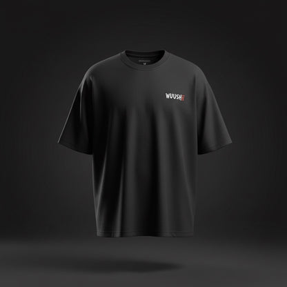 Oversized back print wings WUUSHii logo tartan mens black t shirt