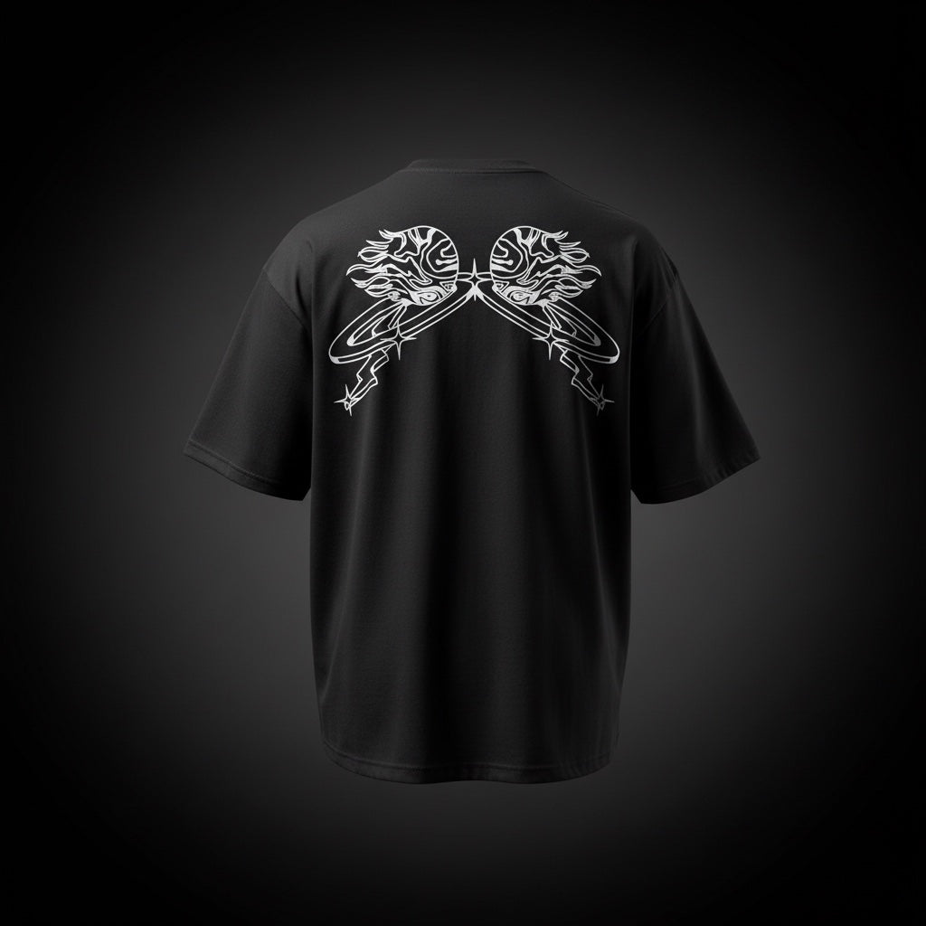 Oversized back print wings WUUSHii logo tartan mens black t shirt