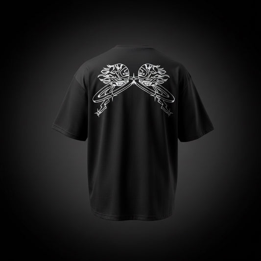 Oversized back print wings WUUSHii logo tartan mens black t shirt