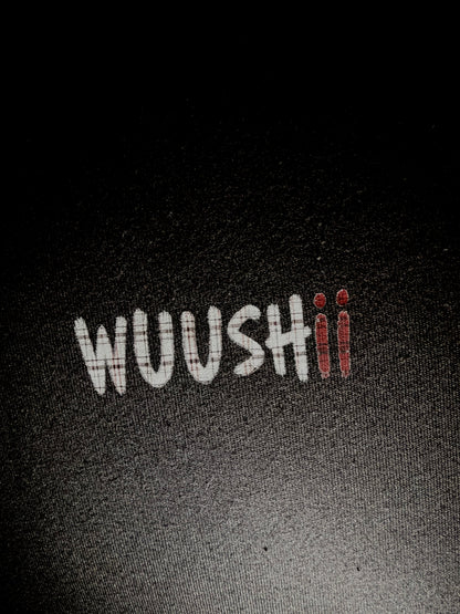 Oversized back print wings WUUSHii logo tartan mens black t shirt