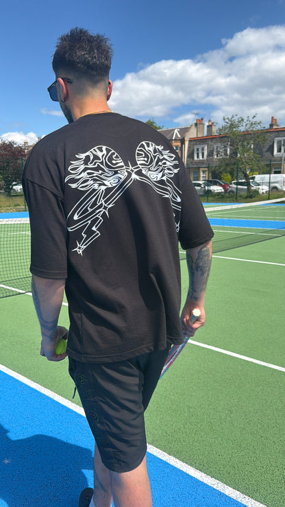Oversized back print wings WUUSHii logo tartan mens black t shirt