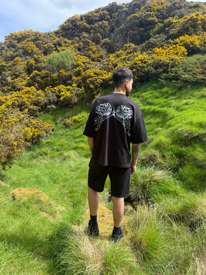 Oversized back print wings WUUSHii logo tartan mens black t shirt