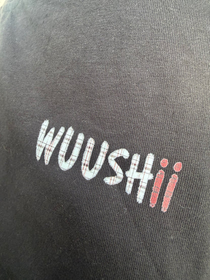 Oversized back print wings WUUSHii logo tartan mens black t shirt