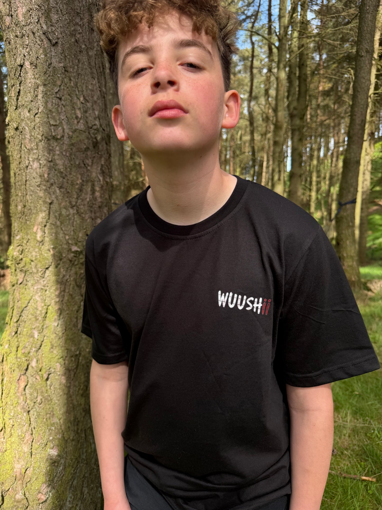 Oversized back print wings WUUSHii logo tartan mens black t shirt